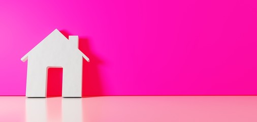 3D rendering of white symbol of home icon leaning on color wall with floor reflection with empty space on right side