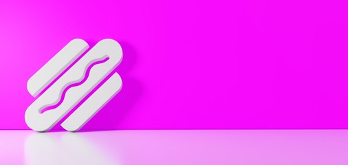 3D rendering of white symbol of hotdog icon leaning on color wall with floor reflection with empty space on right side