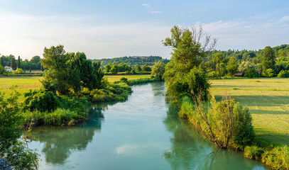 Idyllic landscape along the Mincio river near Valeggio. Province of Verona, Veneto, Italy