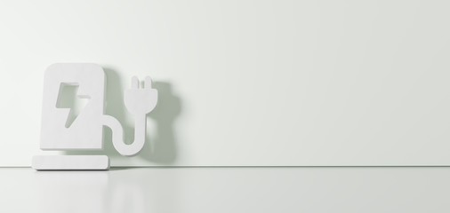 3D rendering of white symbol of charging station icon leaning on color wall with floor reflection with empty space on right side