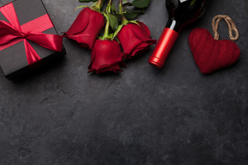 Valentines day gift box, wine and roses