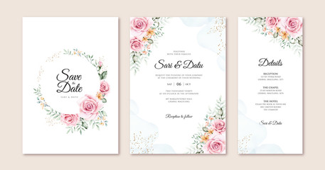 Beautiful wedding card set template with flowers and leaves watercolor