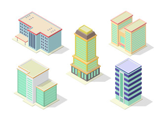 isometric hotel, office, apartment, or skyscrapers buildings icon set