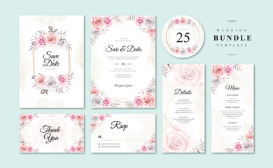 Bundle wedding card template with pretty floral watercolor