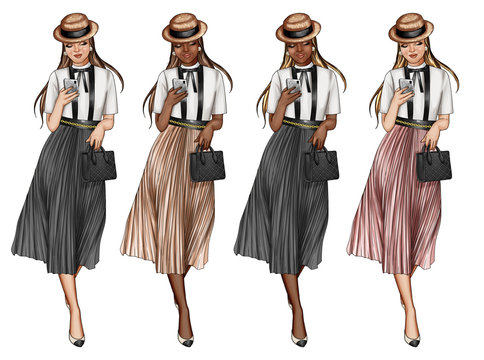 Set of 4 different elegant girls walking and wearing fashion clothes - Fashion Illustration 