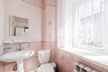 Russia, Moscow- September 05, 2019: interior room apartment modern bright cozy atmosphere. general cleaning, home decoration, bathroom, sink, decoration elements, toilet