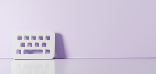 3D rendering of white symbol of keyboard icon leaning on color wall with floor reflection with empty space on right side