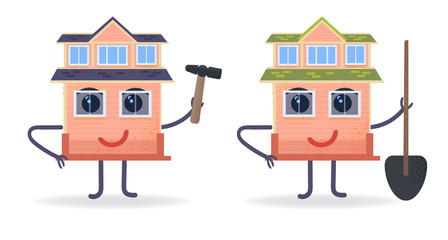 Revived house. Small house holds hammer and shovel. Cartoon and flat character. Preparation for spring cleaning of garden and remoting of private house. Vector stock illustration.