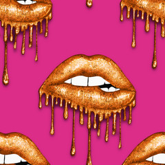 SEAMLESS PATTERN SEXY DRIPPING METALLIC LIPS ON SOLID COLOR BACKGROUND