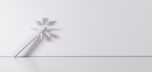 3D rendering of white symbol of magic wand icon leaning on color wall with floor reflection with empty space on right side