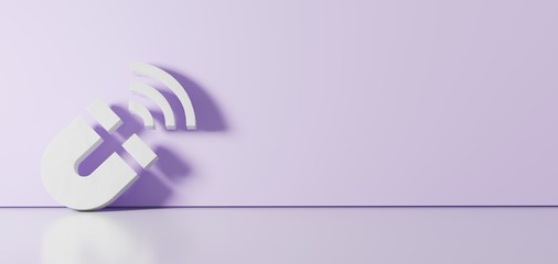 3D rendering of white symbol of magnet icon leaning on color wall with floor reflection with empty space on right side