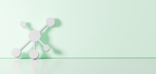 3D rendering of white symbol of network icon leaning on color wall with floor reflection with empty space on right side