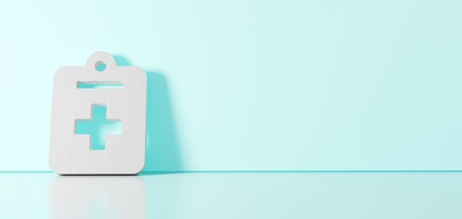 3D rendering of white symbol of notes medical icon leaning on color wall with floor reflection with empty space on right side