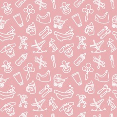 Seamless background with linear baby care symbols