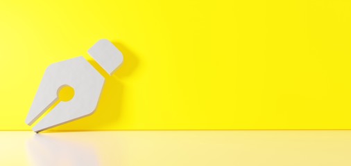 3D rendering of white symbol of pen nib icon leaning on color wall with floor reflection with empty space on right side