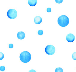 Seamless pattern with classic blue circles, points, polka dot. Hand drawn watercolor pattern on white background.
