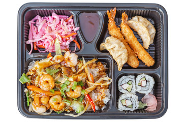 Isolated takeaway bento lunch plastic box. Japanese and asian cuisine
