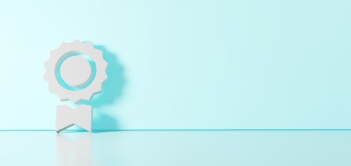 3D rendering of white symbol of prize  icon leaning on color wall with floor reflection with empty space on right side