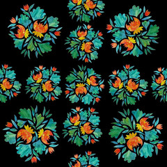 Fototapeta na wymiar Watercolor hand drawn seamless pattern on black dark background floral collage ethnic paper cut out orange flowers green leaves vibrant bright intense colorful textile botanical interior design