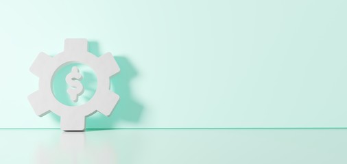 3D rendering of white symbol of setting icon leaning on color wall with floor reflection with empty space on right side