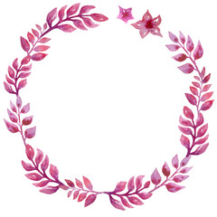 Fototapeta na wymiar Watercolor hand drawn shape frame on white isolated background purple branch flower leaf violet lilac leaves botanical wreath pink vibrant bright intense colorful textile wallpaper interior floral