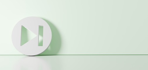 3D rendering of white symbol of skip icon leaning on color wall with floor reflection with empty space on right side