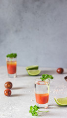 Bloody Mary cocktail and ingredients, copy space. Classic tomato cocktail with vodka. 