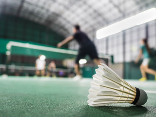 The shuttlecock is on the green badminton court floor. There is motion blur. The highlight is the...