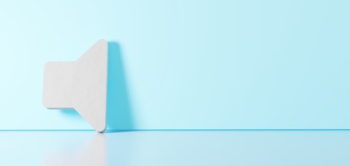 3D rendering of white symbol of volume off icon leaning on color wall with floor reflection with empty space on right side