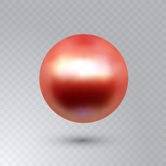 Vector illustration of single shiny natural red sea oyster pearl with light effects isolated on transparent background. Beautiful 3D shining realistic pearl for luxury accessories.