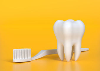 Toothbrush and white tooth on a yellow background. Concept of dental examination teeth, dental health and hygiene. 3d rendering illustration