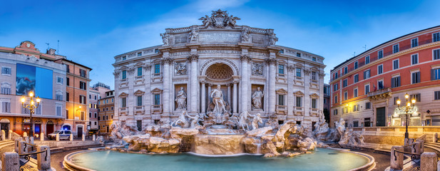 Illuminated Fontana Di Trevi, Trevi Fountain at Dusk, Rome - obrazy, fototapety, plakaty