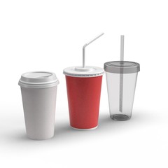 Set of realistic blank mock up paper cups with plastic lid. Coffee to go, take out mug. Vector illustration isolated and can be use for any backgrounds. 