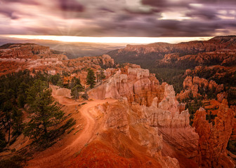 The first sun rays hit the hoodoos at the Bryce Canyon, Utah