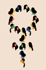 Powerful woman movement face character. Women sign with faces. Flat design style vector illustration set of diverse women faces with black hairs. Abstract art
