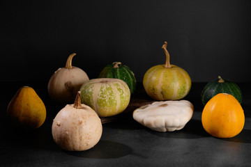 Still life in a dark key in the rustic style. Many different decorative pumpkins on a dark background