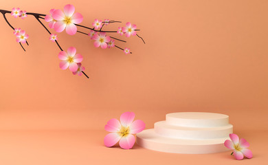 Display background for Cosmetic product presentation. Empty showcase,  3d rendering illustration, Sakura flower.