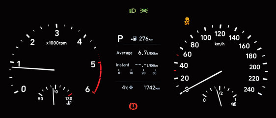 Illustration of average fuel consumption display between circular speedometer and tachometer. Car instrument panel with display fuel range, fuel and temperature gauge, odometer, traction control icon.