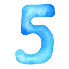 Number 5. Watercolor classic blue hand drawn alphabet