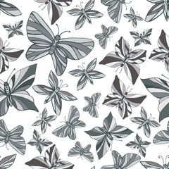 Butterflies seamless decorative pattern. Monochrome color moths graceful background.