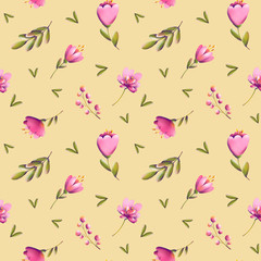 Digital illustration of a trendy floral print pattern. Small tulips, leaves and berries in a seamless texture. Summer and spring motif for cards, banners, fabrics, invitations.