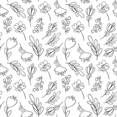 Digital illustration of a trendy floral black contour print pattern. Small tulips, leaves and berries in a seamless texture. Summer and spring motif for cards, banners, fabrics, invitations.