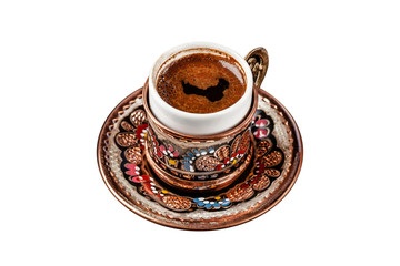 The concept of Turkish cuisine. Turkish brewed black coffee. Beautiful coffee serving in the restaurant. Background image. copy space