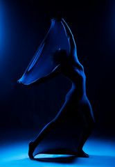 Slim girl wearing a white bodysuit dances a modern avant garde dance, covering her body with elastic transparent fabric in blue light. Artistic, conceptual and creative design. Silhouette photography.