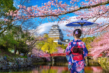 Asian woman wearing japanese traditional kimono looking at cherry blossoms and castle in Himeji, Japan.