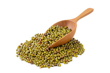 mung bean in wooden scoop isolated on white background