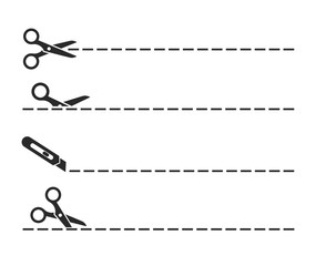 Fototapeta premium Scissors black icon with cut lines set. Vector illustration