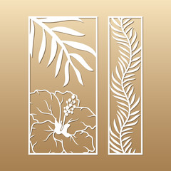 Laser cut vector panels (ratio: 1:2, 1:4). Cutout silhouette with palm leaves and hibiscus. The set is suitable for engraving, laser cutting wood, metal, stencil manufacturing.