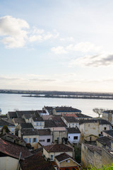 Fototapeta na wymiar Bourg sur Gironde aerial top view of riverside village in France southwest