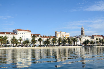 Obraz premium Old town of Split, Central Dalmatia, Croatia. Panorama. Palace of Diocletian, Riva promenade, Bell tower, Cathedral of Saint Domnius. Popular tourist destination. Harbour in Adriatic sea. 